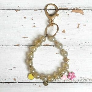 Gold and Pink Beaded Floral Charm Gold Tone Key Chain
